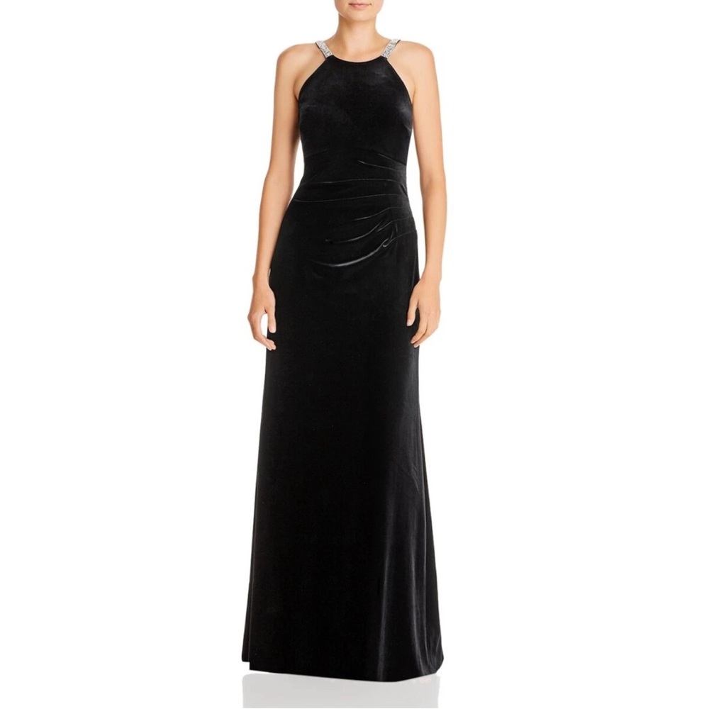 AQUA FORMAL Straps Lined in Rhinstones Full-Length Evening Gown Velvet Dress